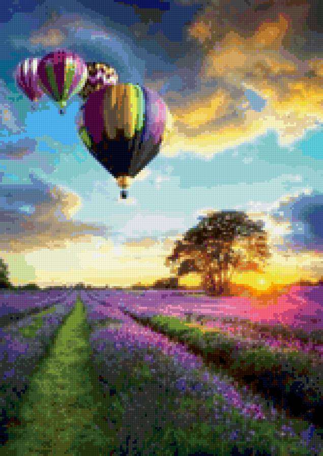 Воздушные шары над лавандовым полем - закат, поле, шар, лаванда, воздушный - предпросмотр