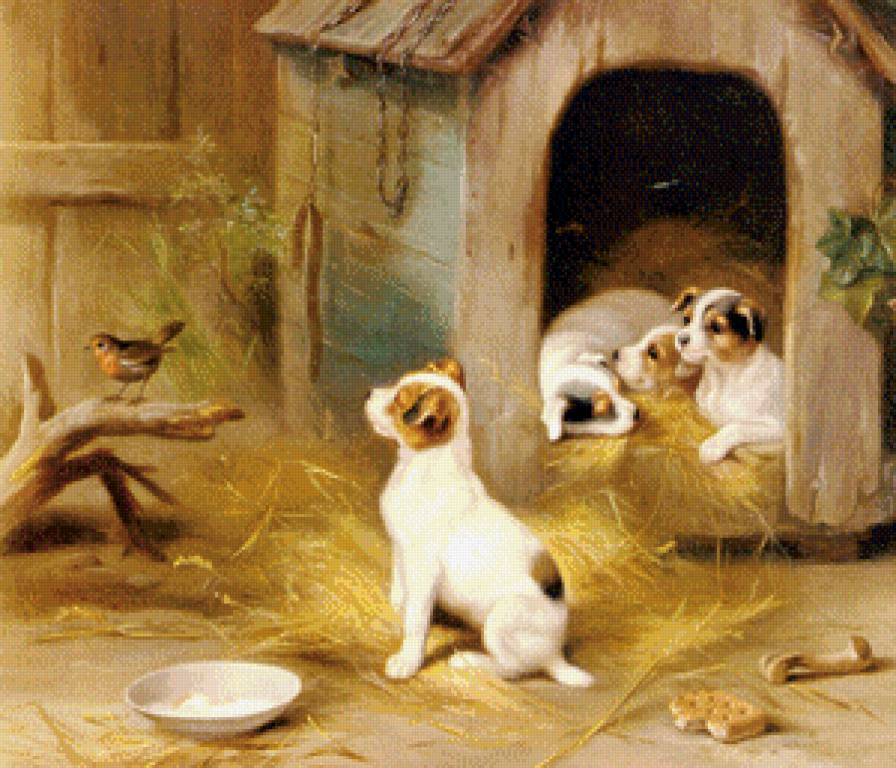 №859442 - картина, щенок, животные, птица - предпросмотр