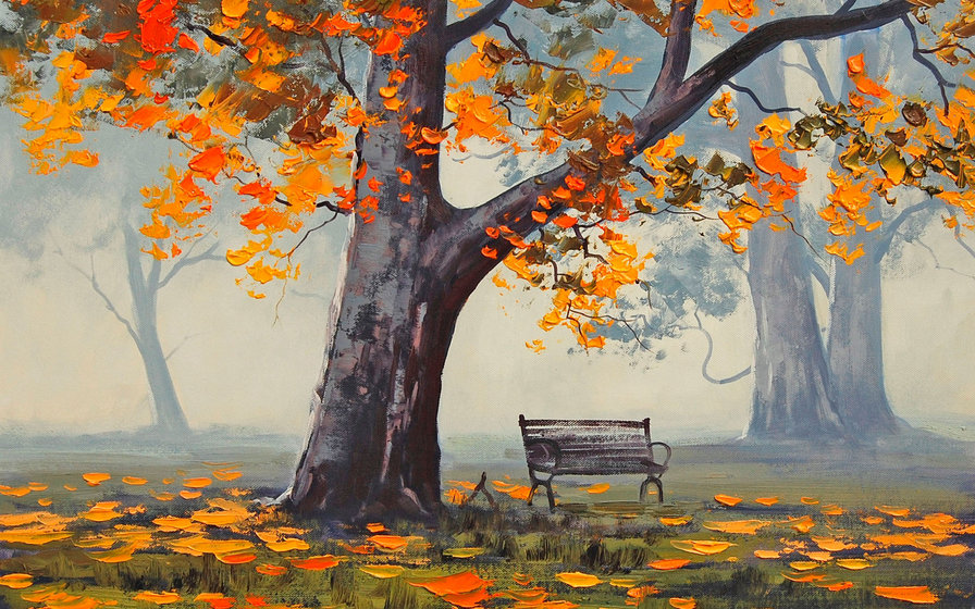 осенний туман - дерево, пейзаж, осень, парк, туман, живопись, золото, природа - оригинал