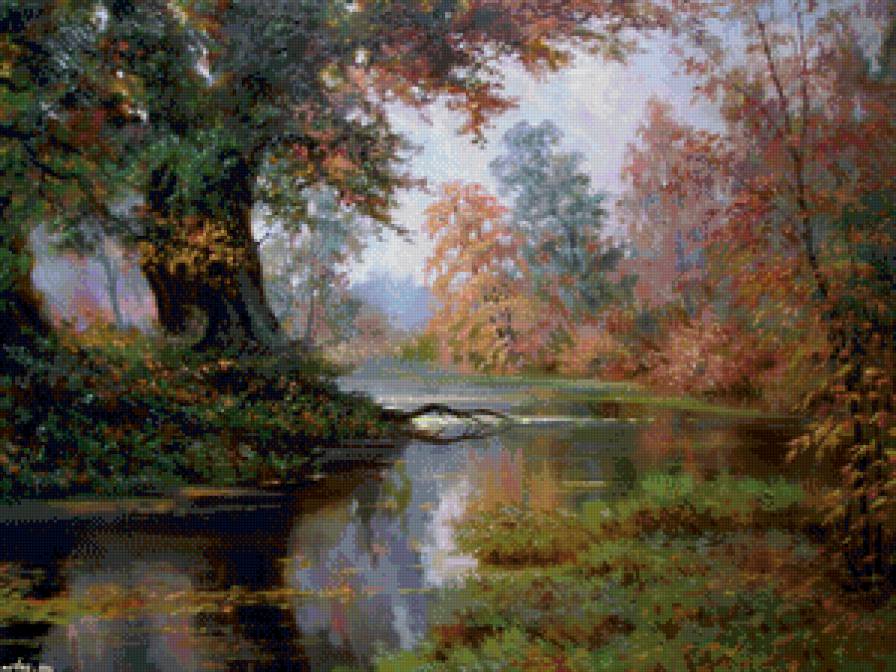 река в лесу - лес, акварель, пейзаж, природа, туман, река, живопись - предпросмотр