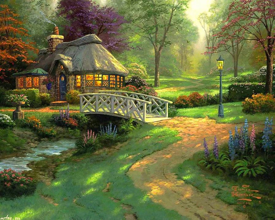 Дом за мостом - дом, мост, река, пейзаж, дорога - оригинал