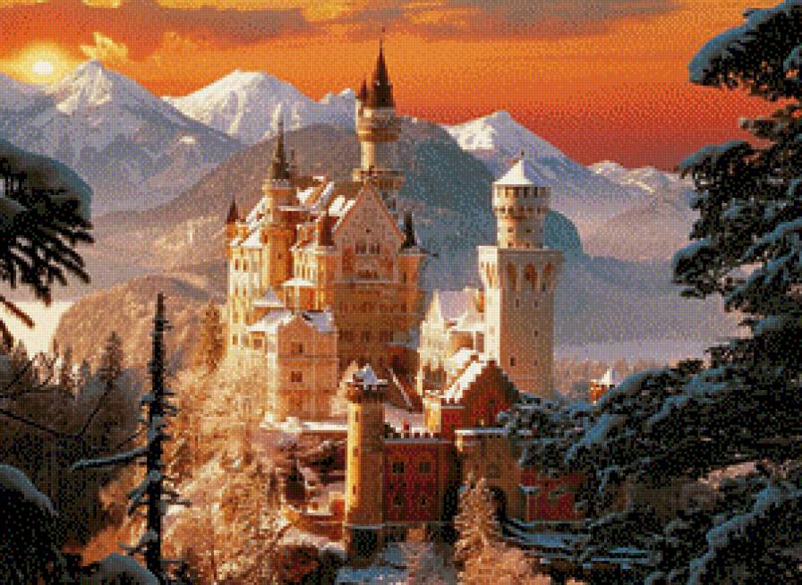 Замок Нойшванштайн зимой - зима, замок, закат - предпросмотр