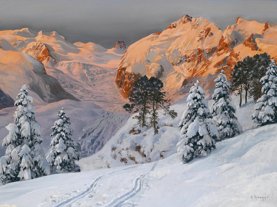 закат в горах - пейзаж, закат, снег, природа, горы, живопись, зима, альпы, вечер - оригинал