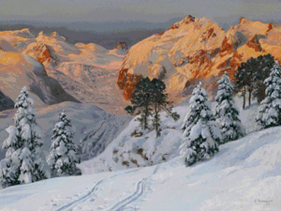 закат в горах - вечер, пейзаж, горы, закат, снег, зима, альпы, живопись, природа - предпросмотр