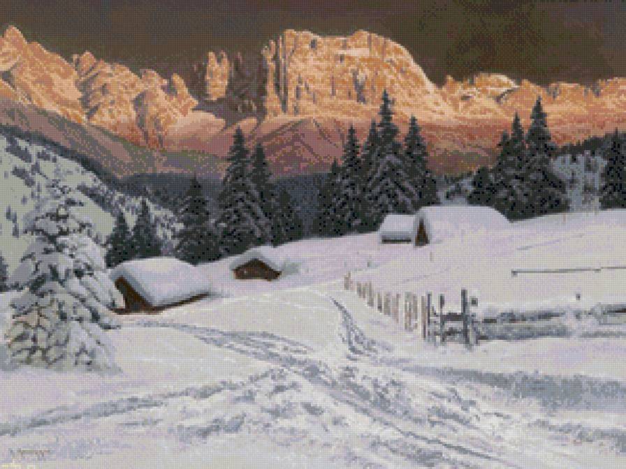 горная деревушка - пейзаж, закат, природа, вечер, альпы, снег, зима, живопись, горы - предпросмотр