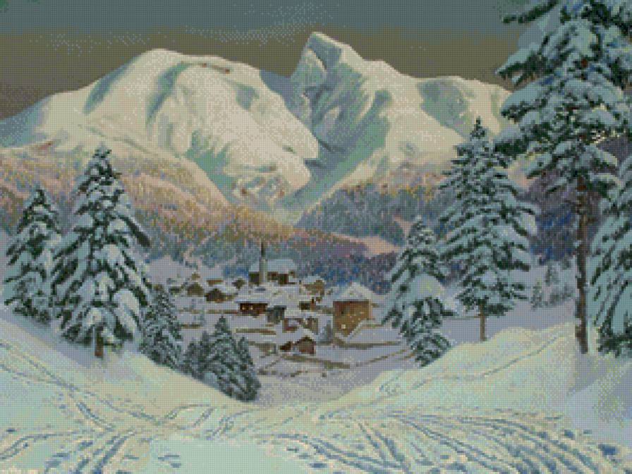 вечер в горах - снег, природа, живопись, зима, горы, альпы, пейзаж, закат, вечер - предпросмотр