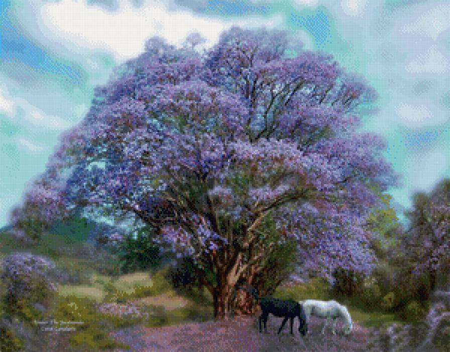 весна - дерево, весна, река, берег, цветы, лошади, кони - предпросмотр