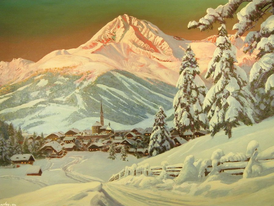 зимний вечер в горах - закат, вечер, пейзаж, зима, альпы, живопись, горы, природа, снег - оригинал