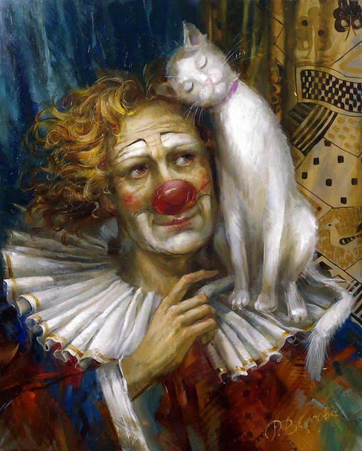 клоун с кошкой - клоун, портрет, живопись, цирк, животное, кошка - оригинал
