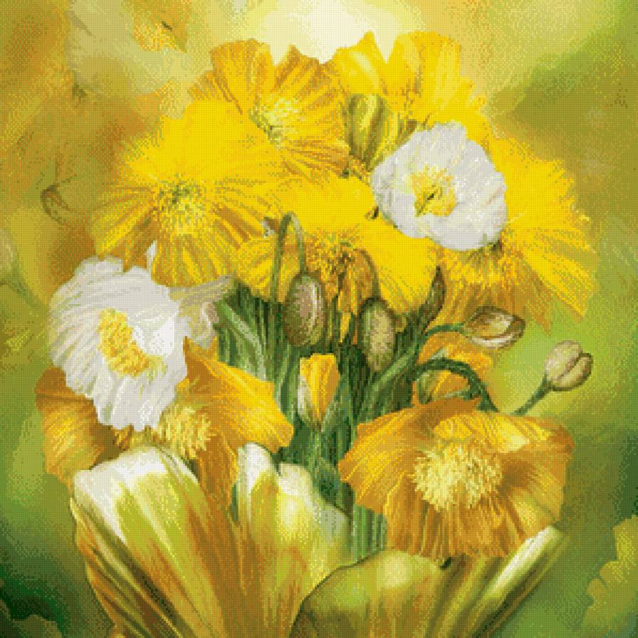 жёлтые и белые маки - цветы, букет, маки, природа, ваза - предпросмотр