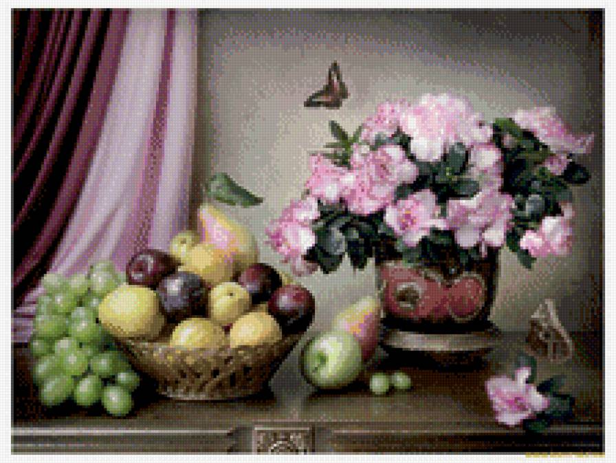 Натюрморт15 - цветы, яблоки, сливы, виноград - предпросмотр
