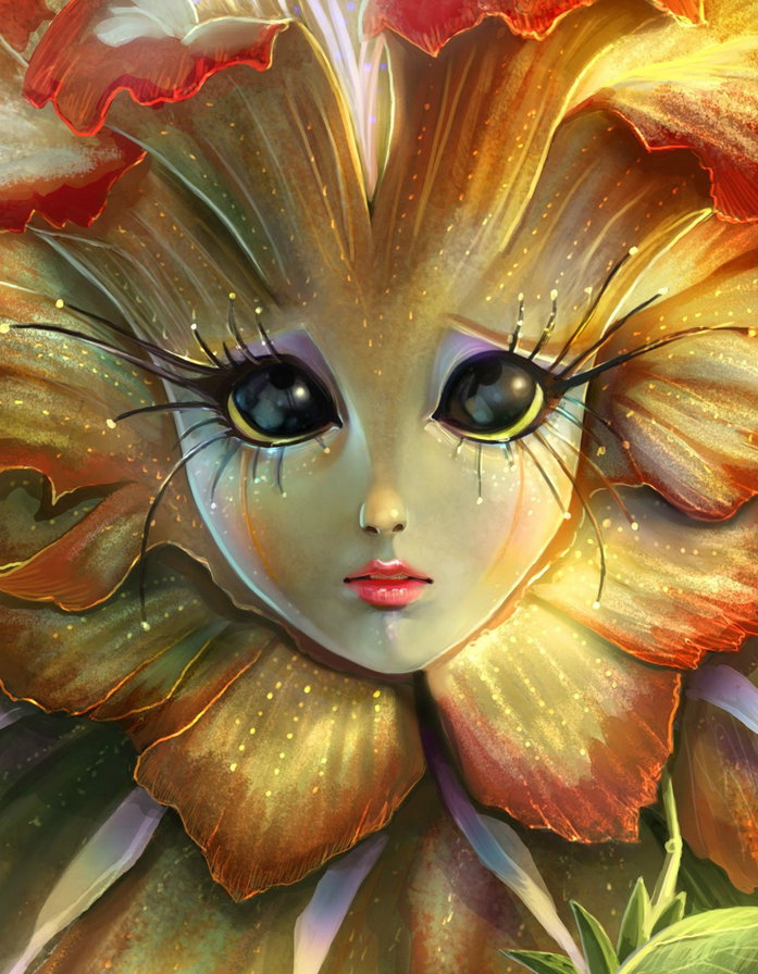 Триптих девушка-цветок.центр. - фентези, триптих, девушка - оригинал