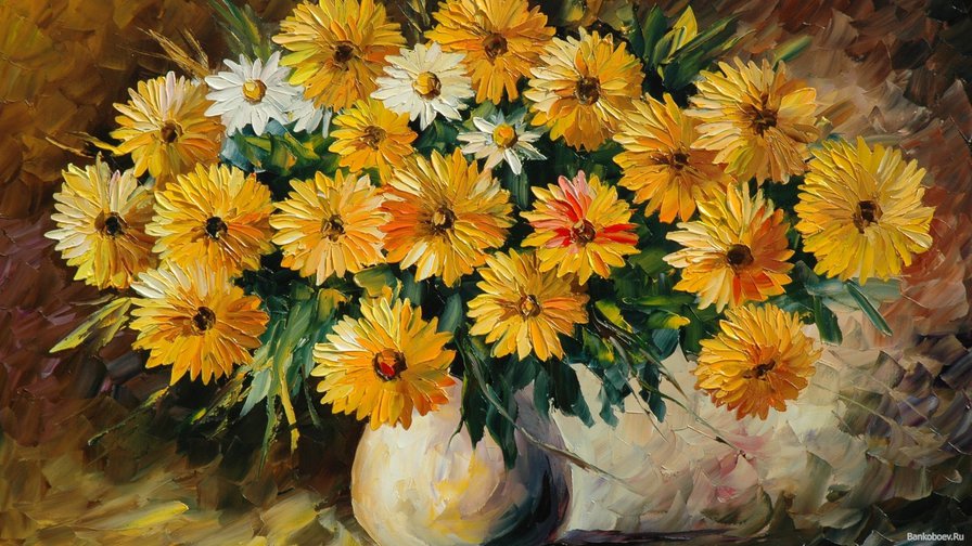 жёлтые цветы в вазе - ваза, натюрморт, букет, цветы, живопись - оригинал