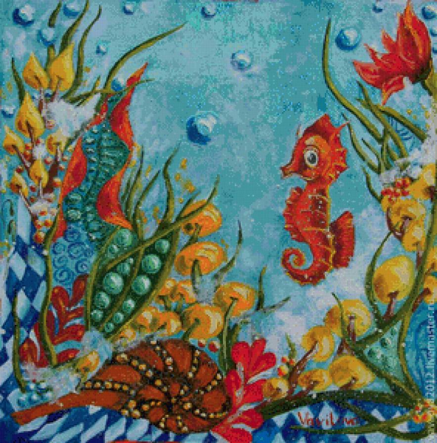 на дне морском - картина, водоросли, конек, панно, рыбы, море, ракушки - предпросмотр