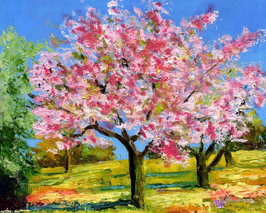 абрикосы цветут - весна, сад, живопись, абрикосы, село, цвет, деревня - оригинал