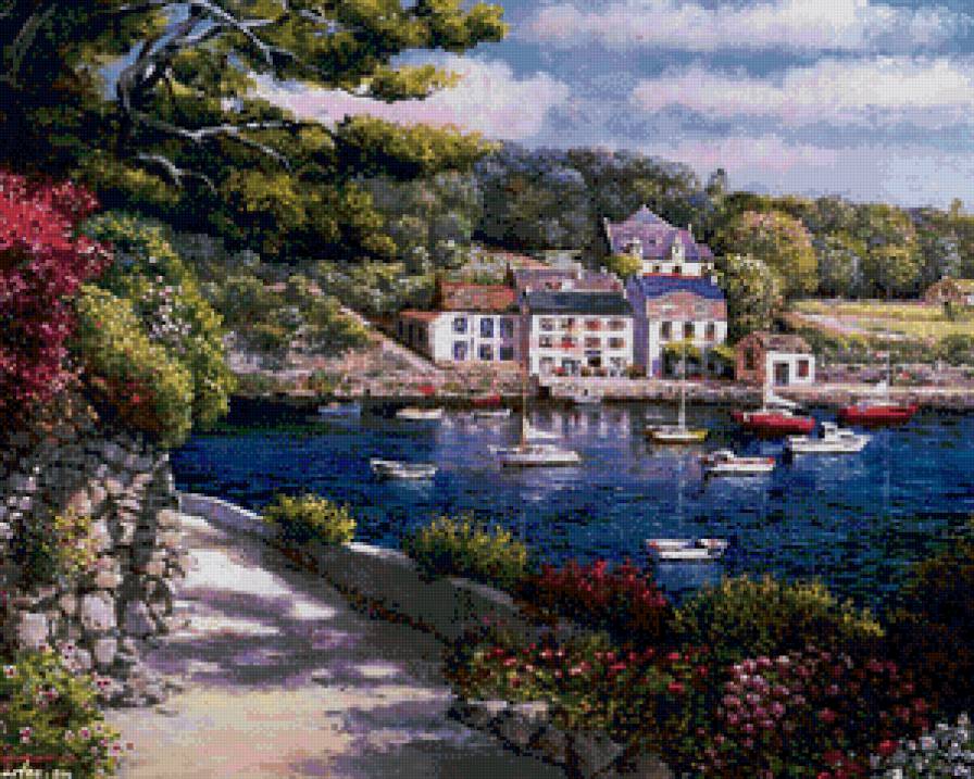 тихая гавань - город, лето, горы, пейзаж, лодки, живопись, жара, гавань - предпросмотр