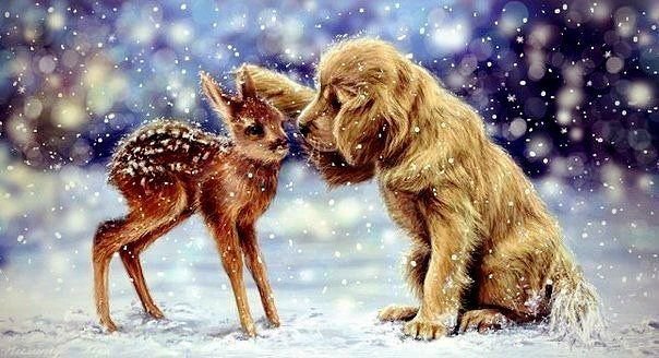 №863831 - щенок, снег, животные, олененок, зима - оригинал