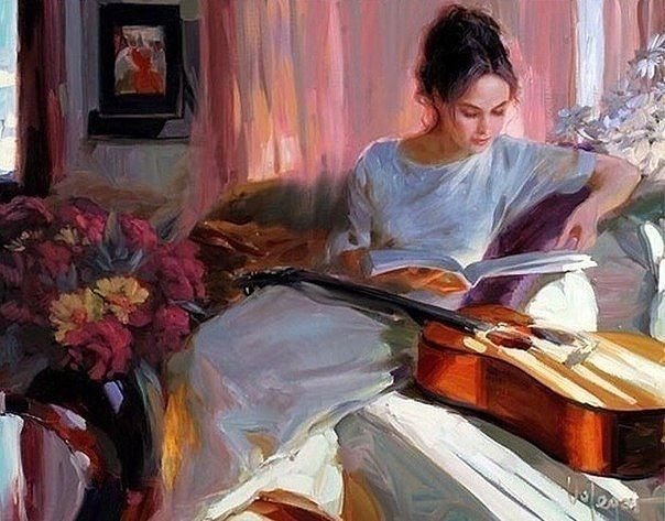 №863849 - книга, гитара, цветы, девушка - оригинал