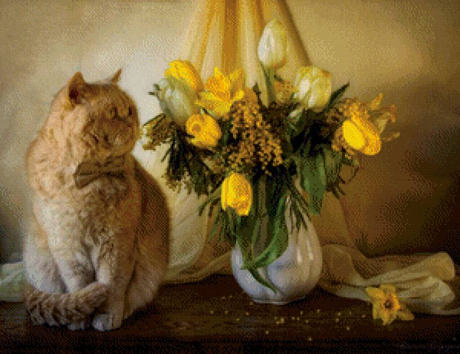 кот и тюльпаны - цветы кот тюльпаны натюрморт - предпросмотр