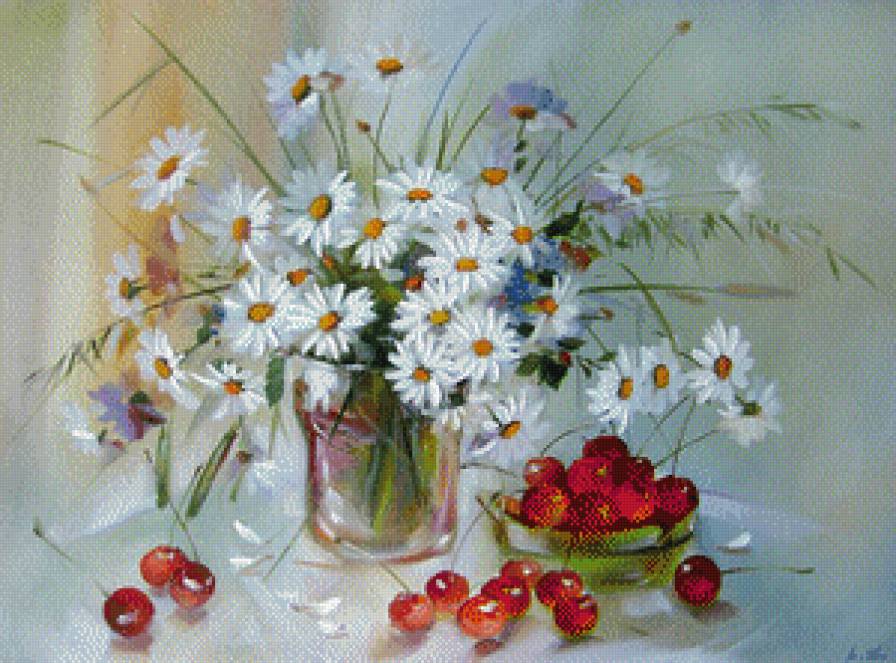 Ромашки с вишней - вишня, ромашки, ромашка - предпросмотр