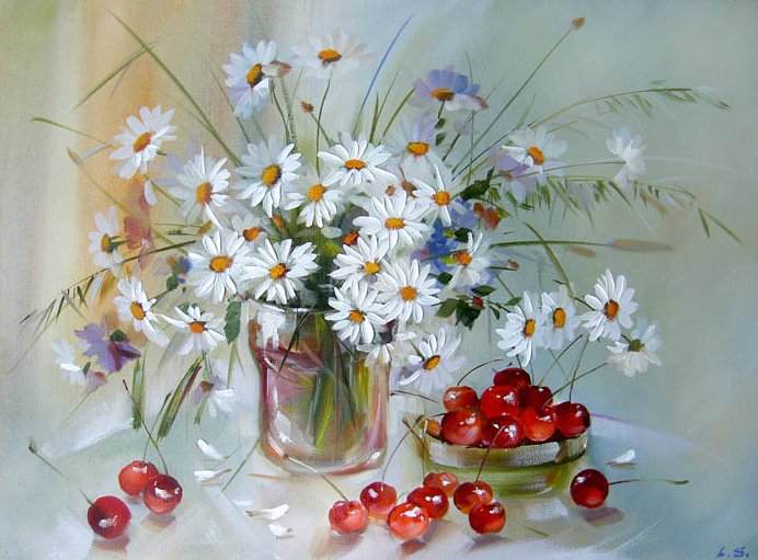 Ромашки с вишней - ромашки, вишня - оригинал