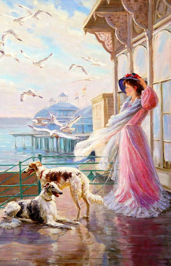 Девушка на приморской веранде, по картине Александра Аверина - девушка, море, небо, чайки, собака, набережная, пристань - оригинал
