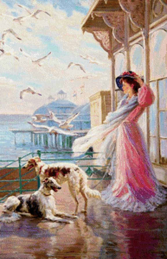 Девушка на приморской веранде, по картине Александра Аверина - море, небо, чайки, пристань, собака, девушка, набережная - предпросмотр