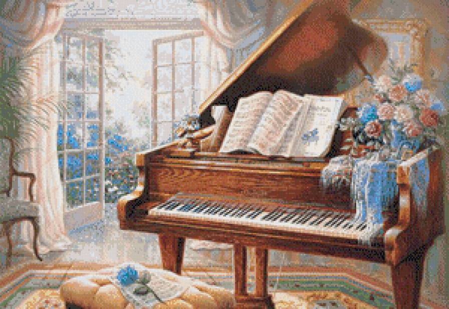 Рояль у открытого окна, по картине Джуди Гибсон|Judy Gibson - букет, окно, рояль, комната, цветы - предпросмотр