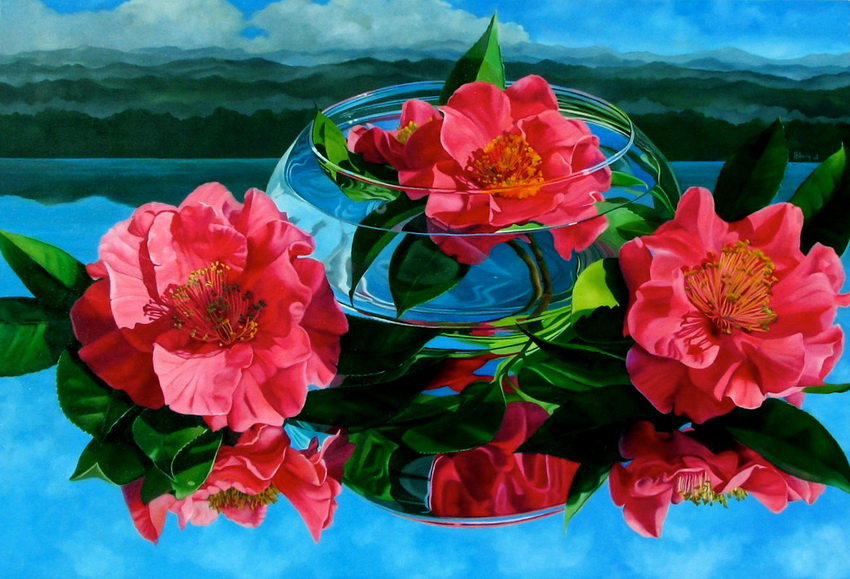 алые цветы в стекле - стекло, панно, букет, картина, цветы, живопись - оригинал