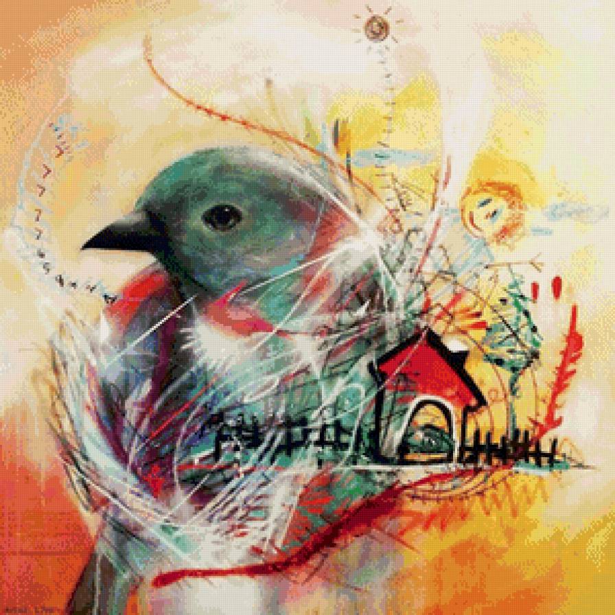 весенняя птичка - дом, краски, панно, детское, абстракция, весна, птица, акварель - предпросмотр