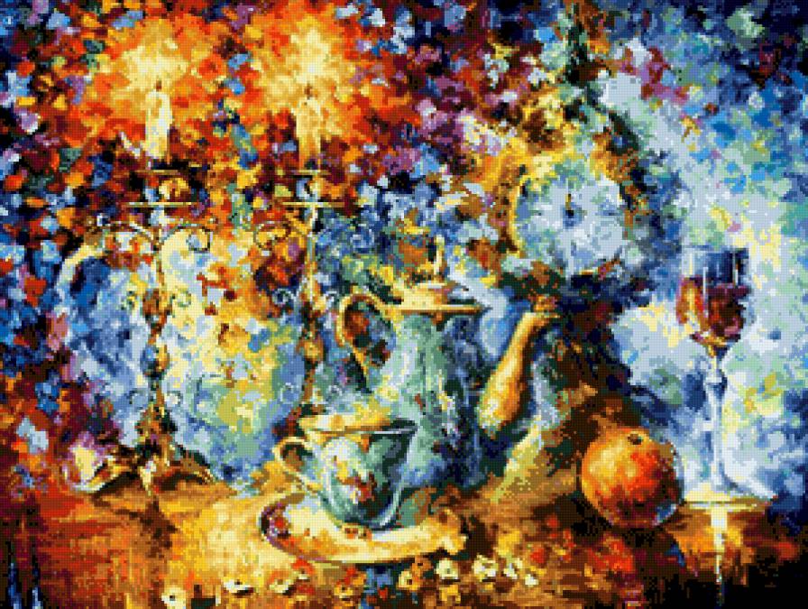 Вечерний чай. По мотивам Л. Афремова - чайник, свечи, натюрморт, вечер - предпросмотр