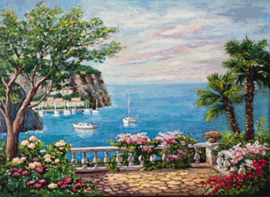 №866693 - горы, пальмы, яхта, цветы, море - предпросмотр