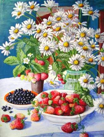 №867513 - цветы, клубника, ромашки, натюрморт - оригинал