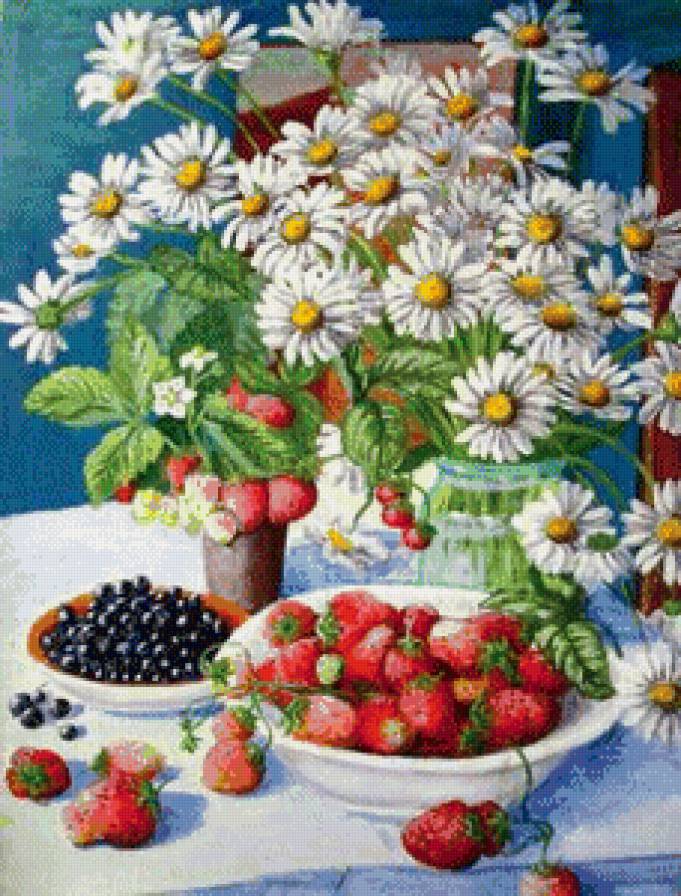 №867513 - цветы, натюрморт, ромашки, клубника - предпросмотр