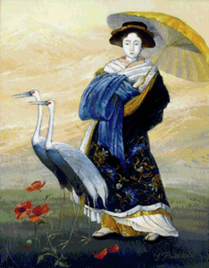 японская девушка и журавли - япония, гейша, восток, девушка, маки, журавли, зонтик, пара - предпросмотр