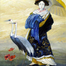 Оригинал схемы вышивки «японская девушка и журавли» (№869090)