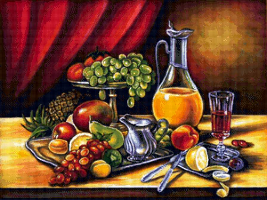 фруктовый натюрморт - ананас, натюрморт, кухня, виноград, фрукты, лимон, яблоко, сок - предпросмотр