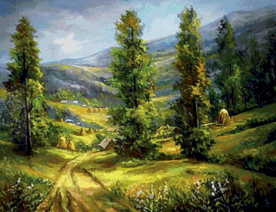 три тополя - тополь, деревья, село, природа, пейзаж, сено, лето, живопись - предпросмотр