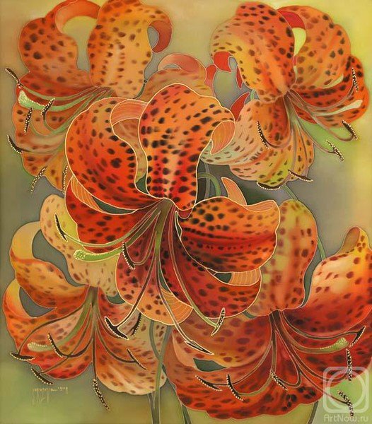 тигровые лилии - лилии, живопись, батик, панно, лето, цветы - оригинал