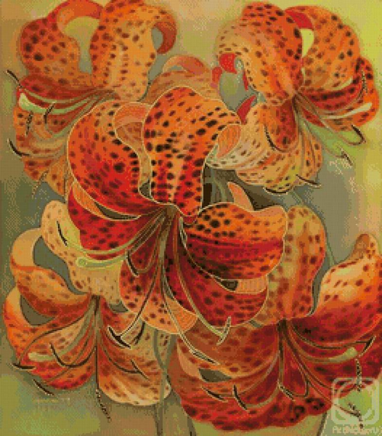 тигровые лилии - панно, лилии, цветы, лето, батик, живопись - предпросмотр