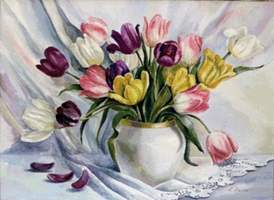 весенние тюльпаны в вазе - натюрморт, цветы, ваза, живопись, букет, тюльпаны, весна - предпросмотр
