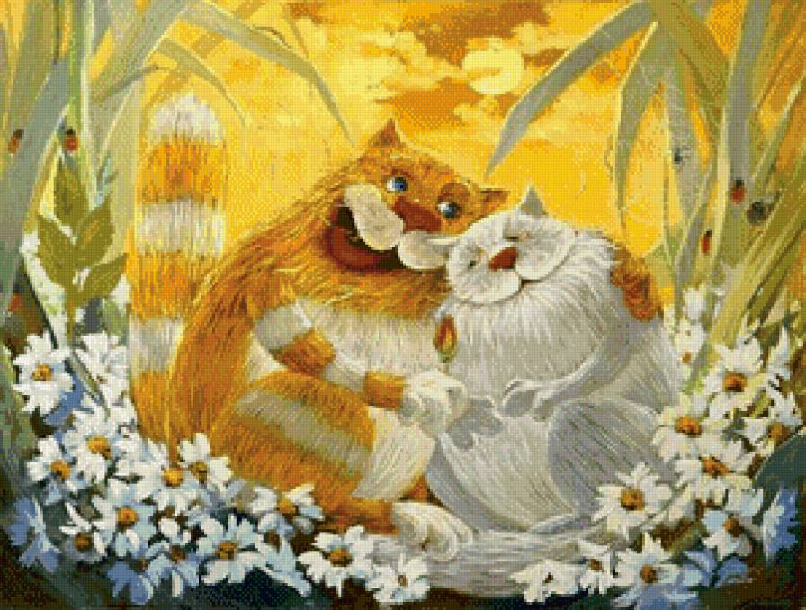 Кошки на ромашковом поле - кот, мило, ромашки, любовь, кошки - предпросмотр