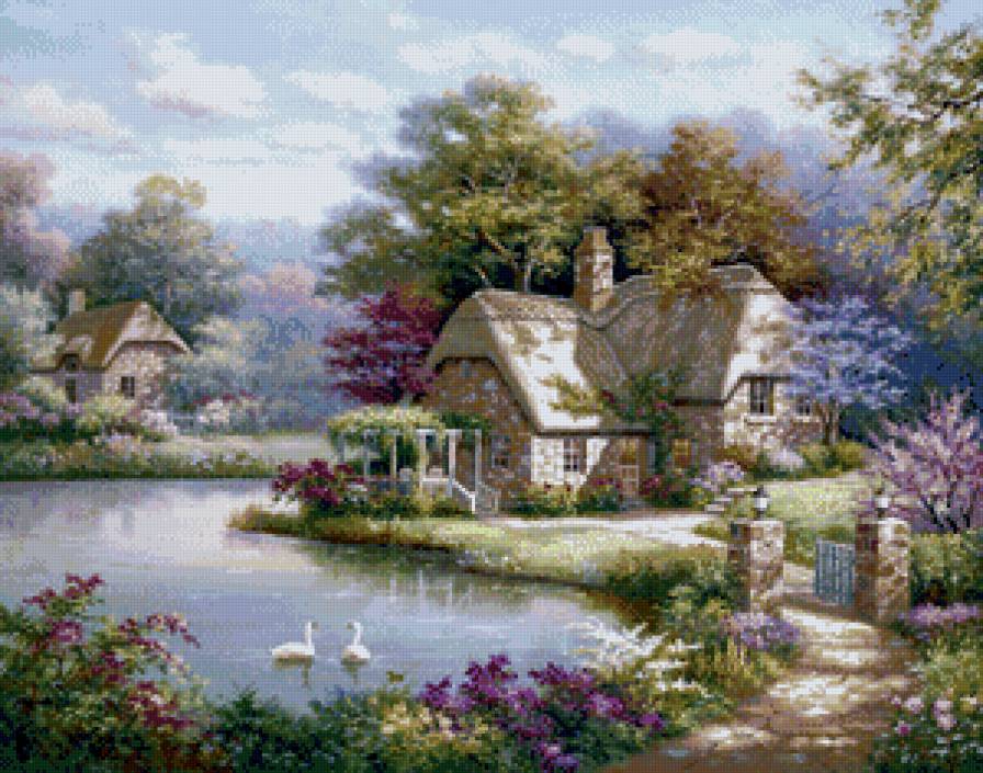 Уютный дворик - лебеди, пруд, цветы, дом, уютный дворик - предпросмотр