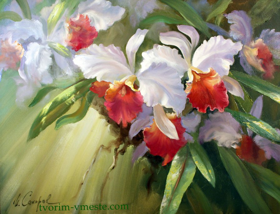орхидеи - панно, орхидеи, краски, рисунок, цветы, картина, ветка - оригинал