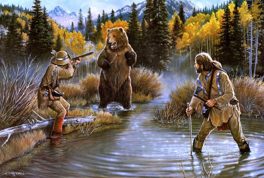 охота - лес, охота, природа, люди, охотники, пейзаж, медведь, река - оригинал