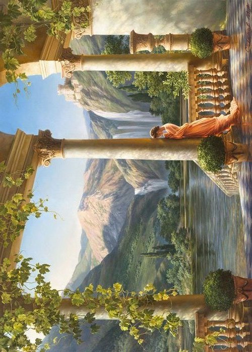 Пейзаж 2 - озеро, картина, девушка, горы - оригинал