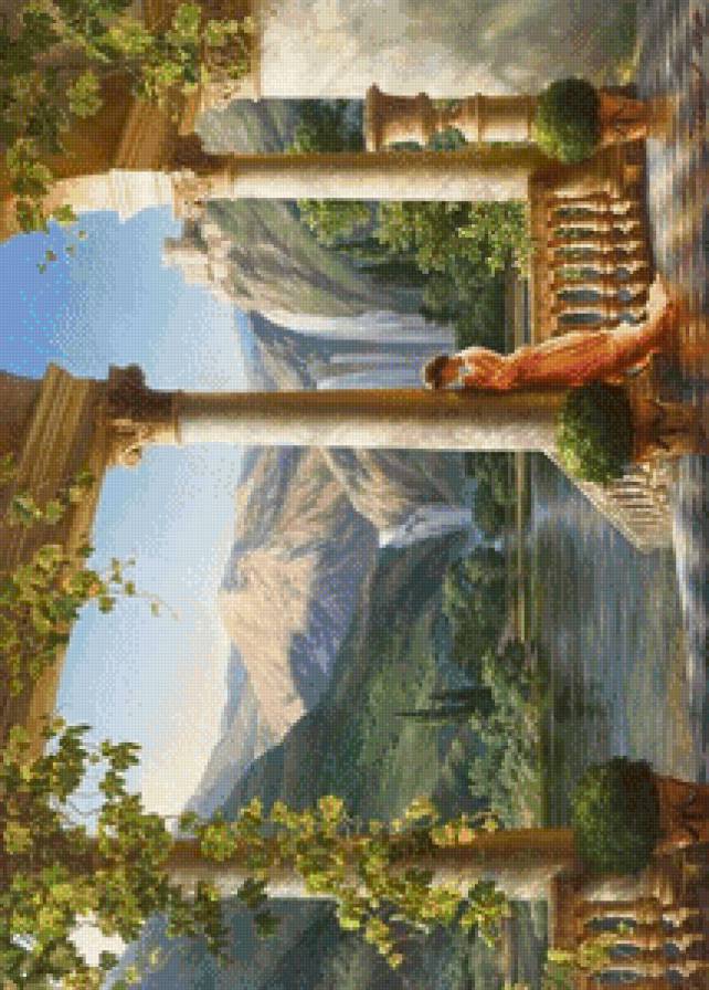 Пейзаж 2 - горы, озеро, картина, девушка - предпросмотр