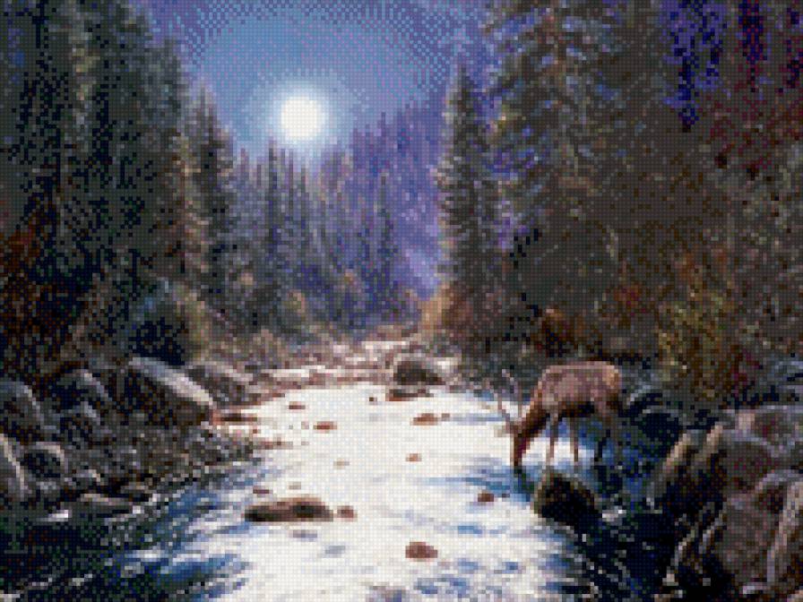 при луне - лес, река, ночь, тайга, природа, олень, луна, жажда - предпросмотр