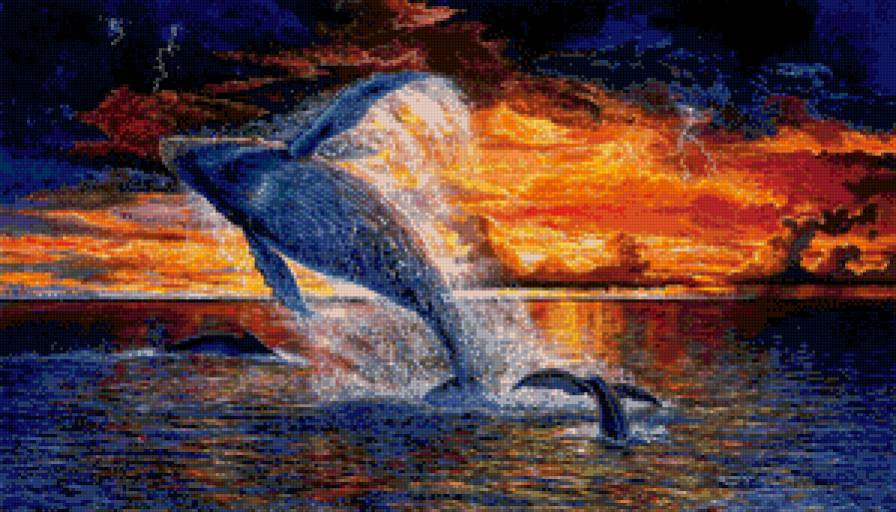 дельфины на закате - море, закат, дельфин, арт - предпросмотр