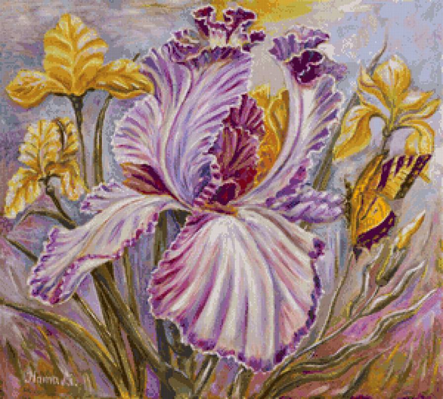 фиолетовый ирис - цветок, ирис, панно, цветы, живопись - предпросмотр